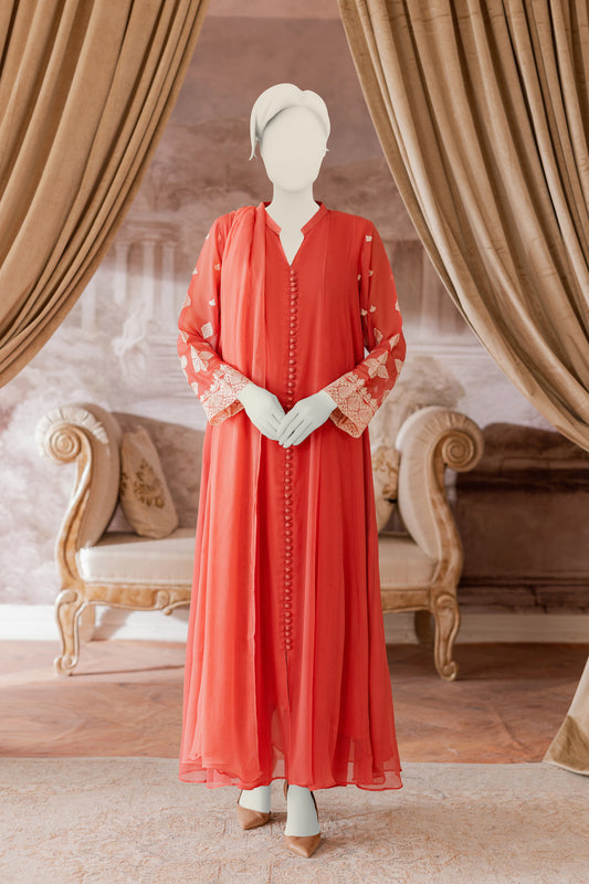 Embroidered Chiffon Frock - Pink