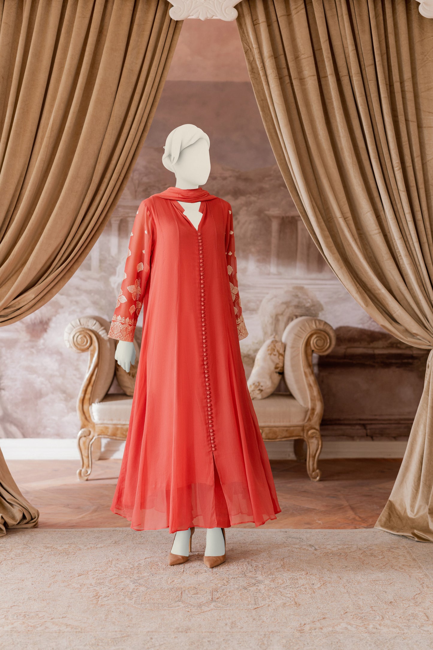 Embroidered Chiffon Frock - Pink