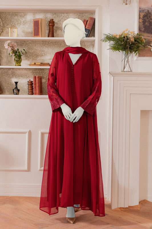Embroidered Chiffon Frock - Maroon