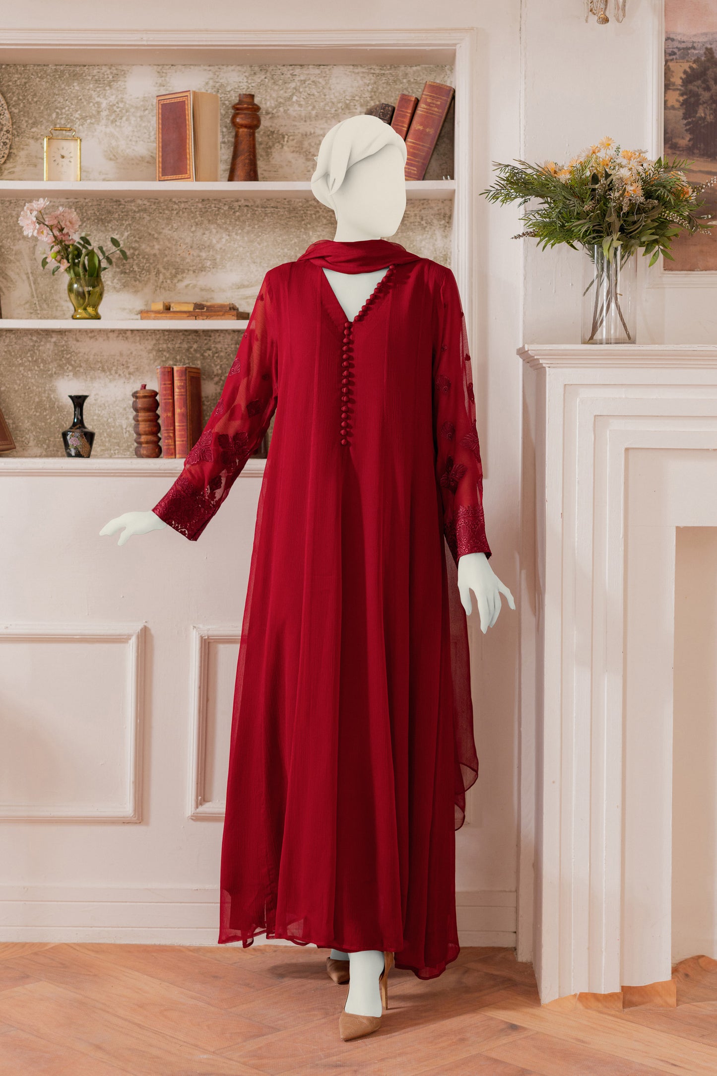 Embroidered Chiffon Frock - Maroon