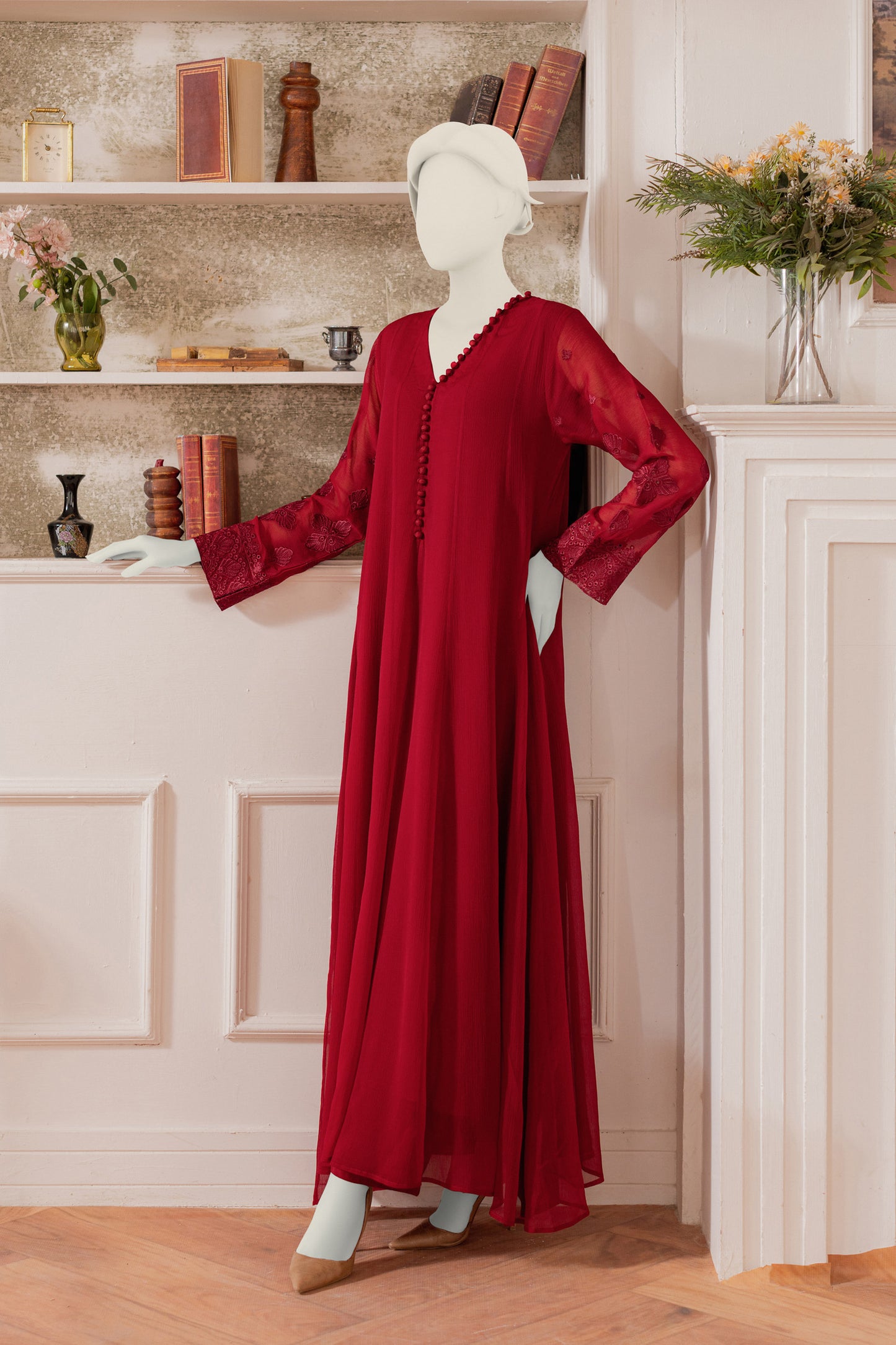 Embroidered Chiffon Frock - Maroon