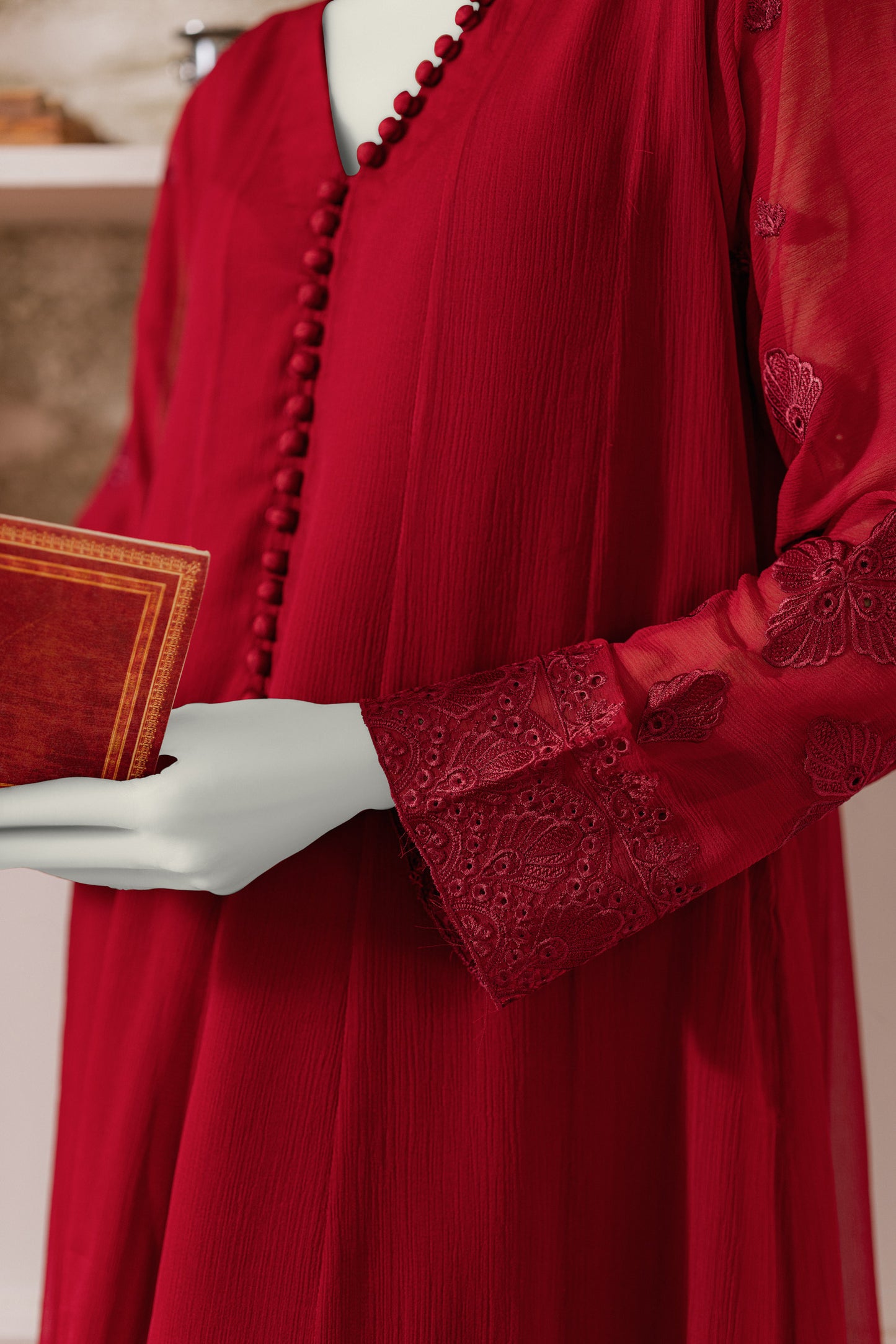 Embroidered Chiffon Frock - Maroon