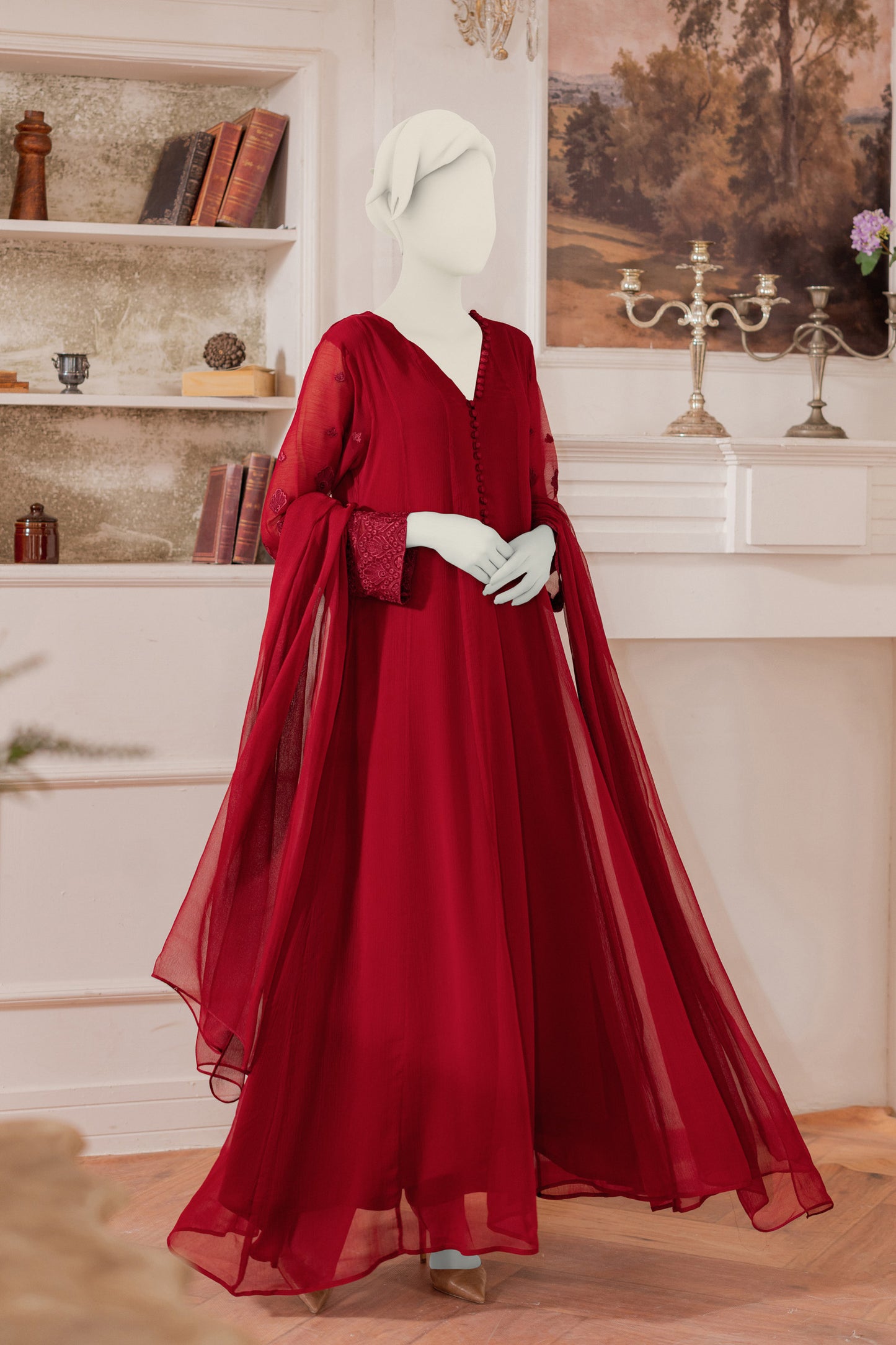 Embroidered Chiffon Frock - Maroon