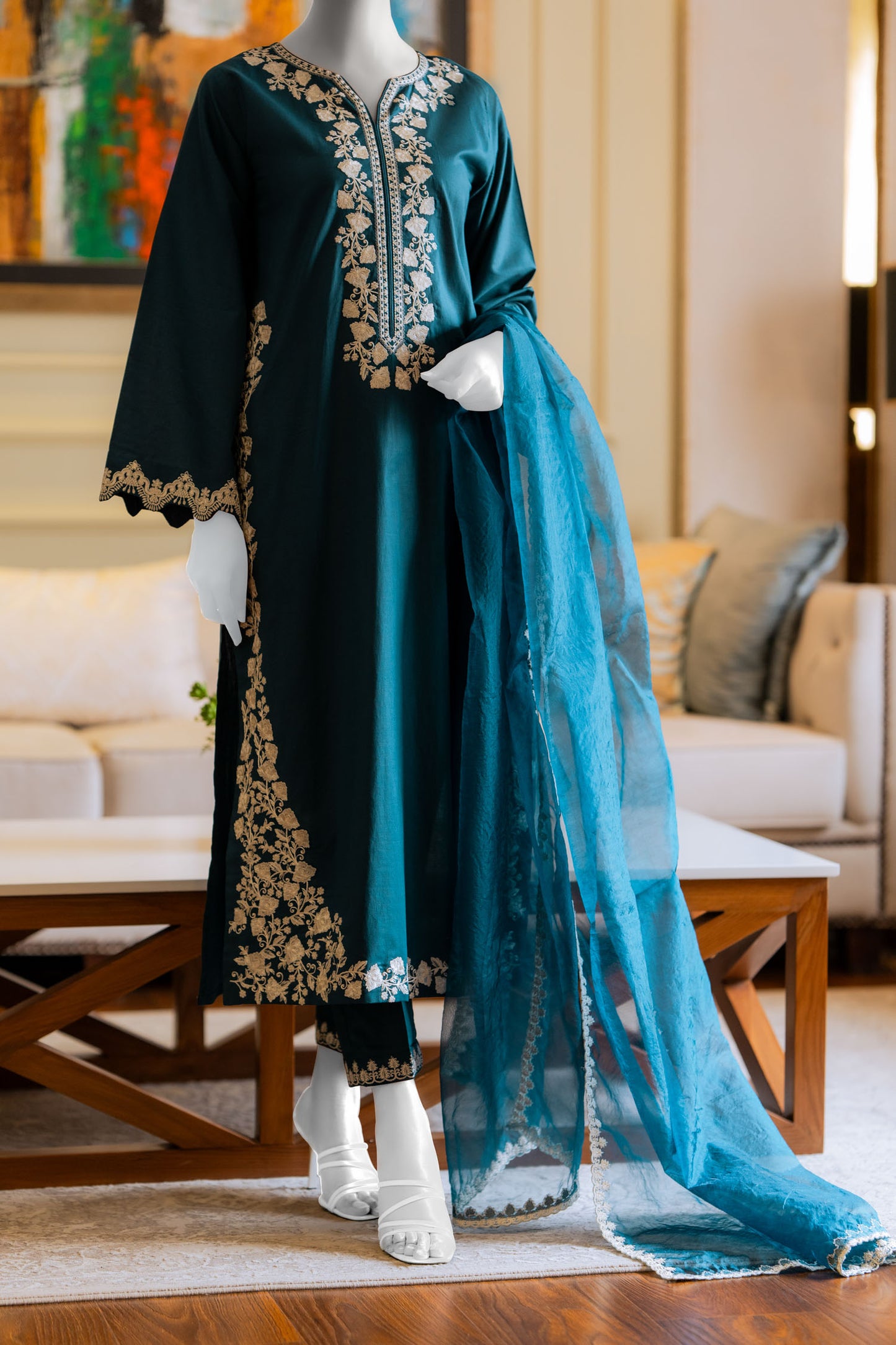 Teal 2pc Embroidered Suit