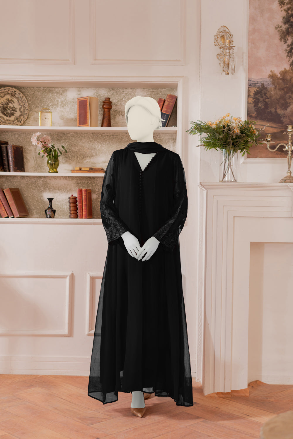 Embroidered Chiffon Frock - Black