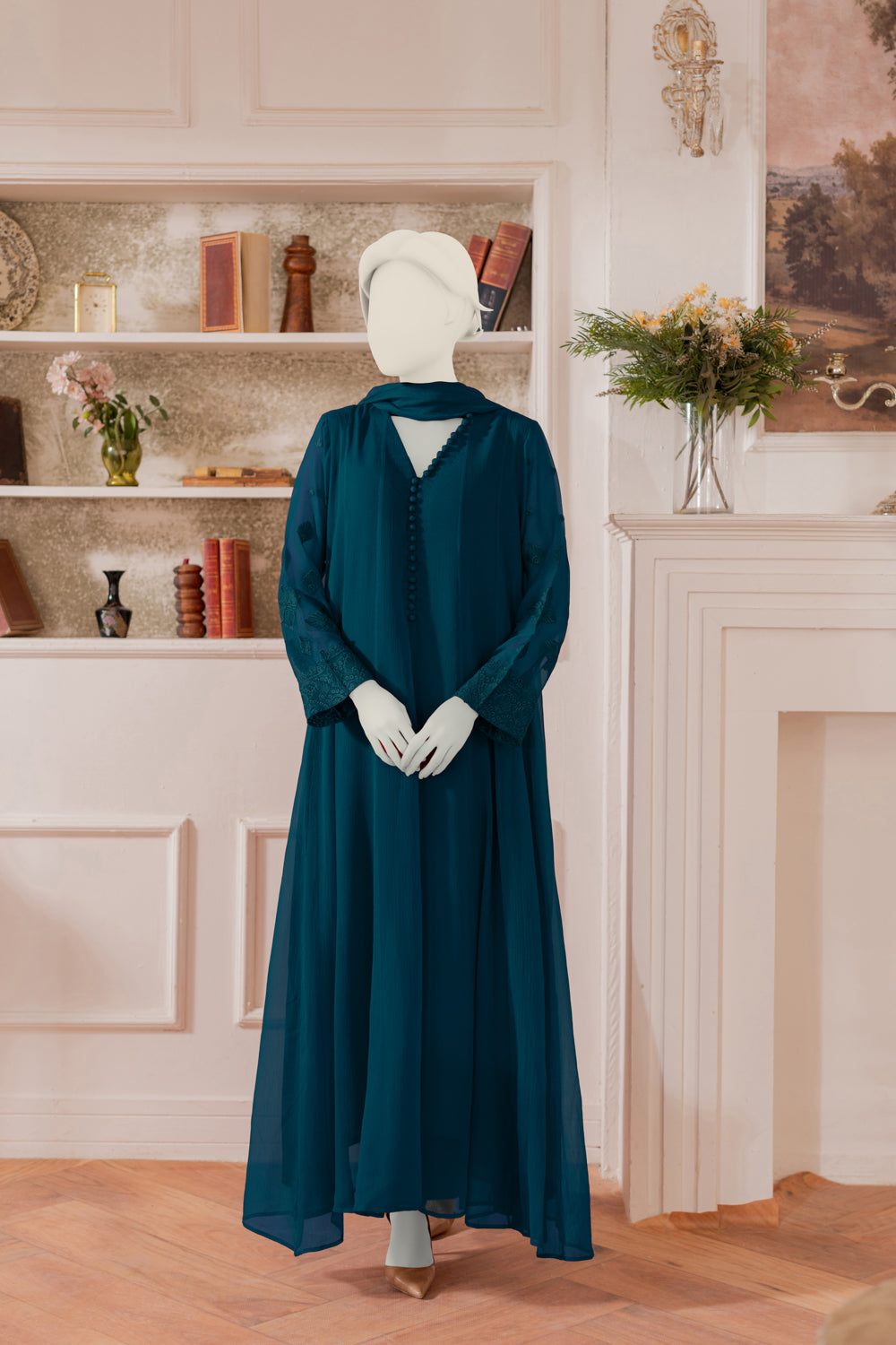 Embroidered Chiffon Frock - Teal