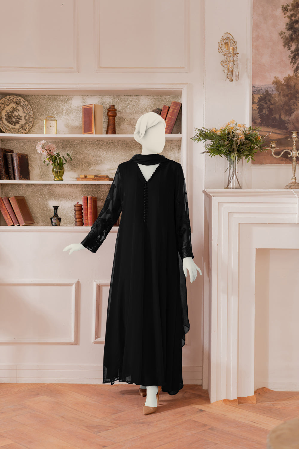 Embroidered Chiffon Frock - Black