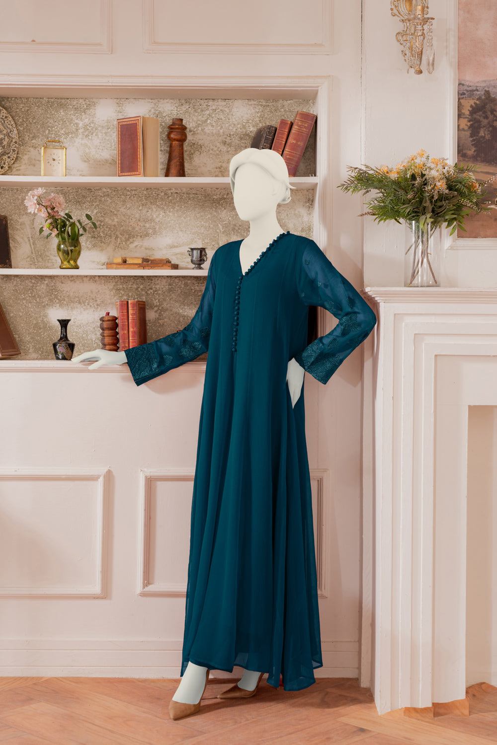 Embroidered Chiffon Frock - Teal