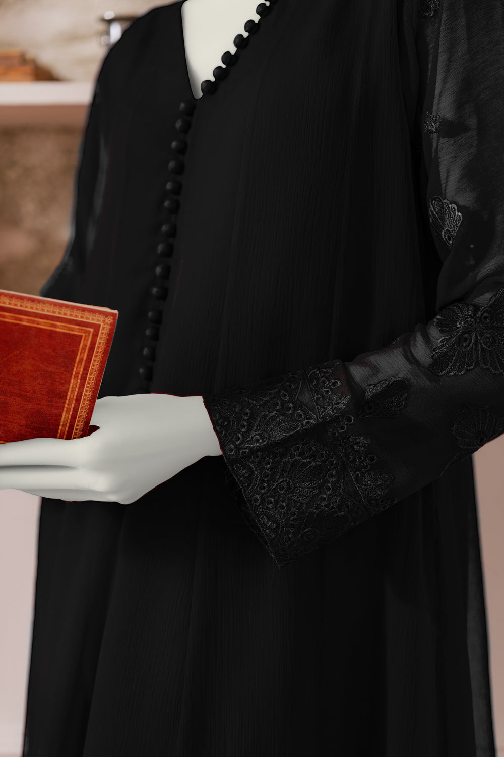 Embroidered Chiffon Frock - Black