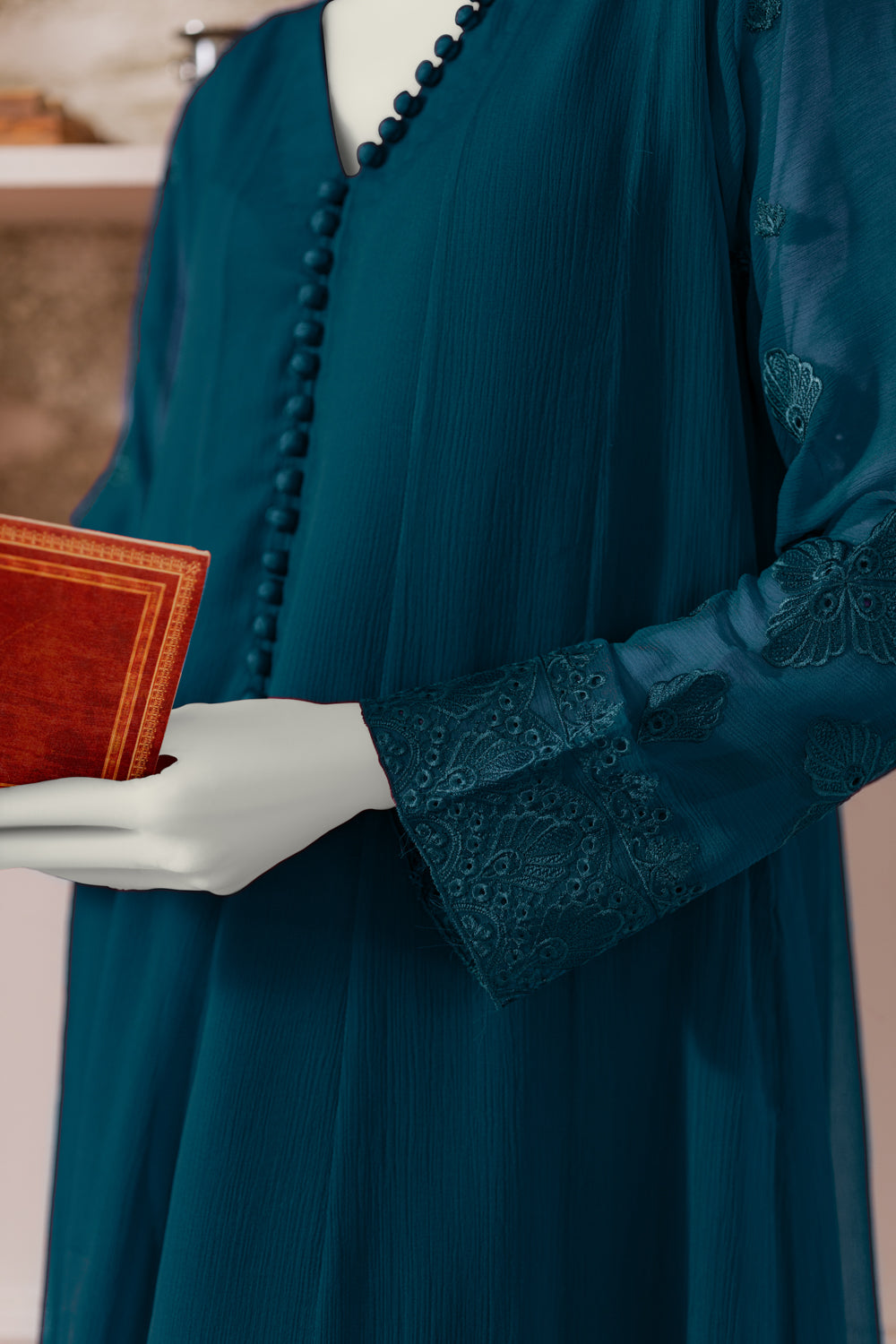 Embroidered Chiffon Frock - Teal