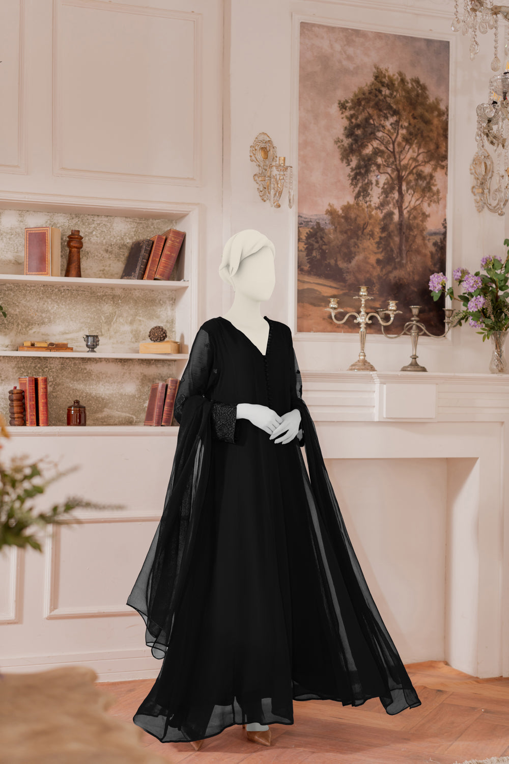 Embroidered Chiffon Frock - Black