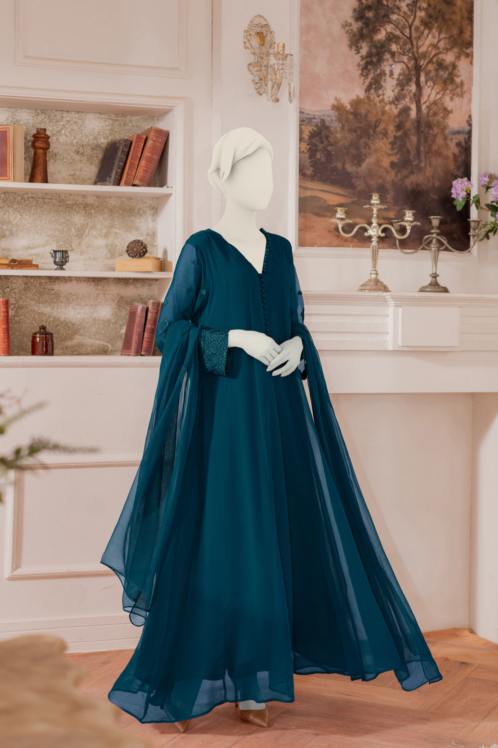 Embroidered Chiffon Frock - Teal