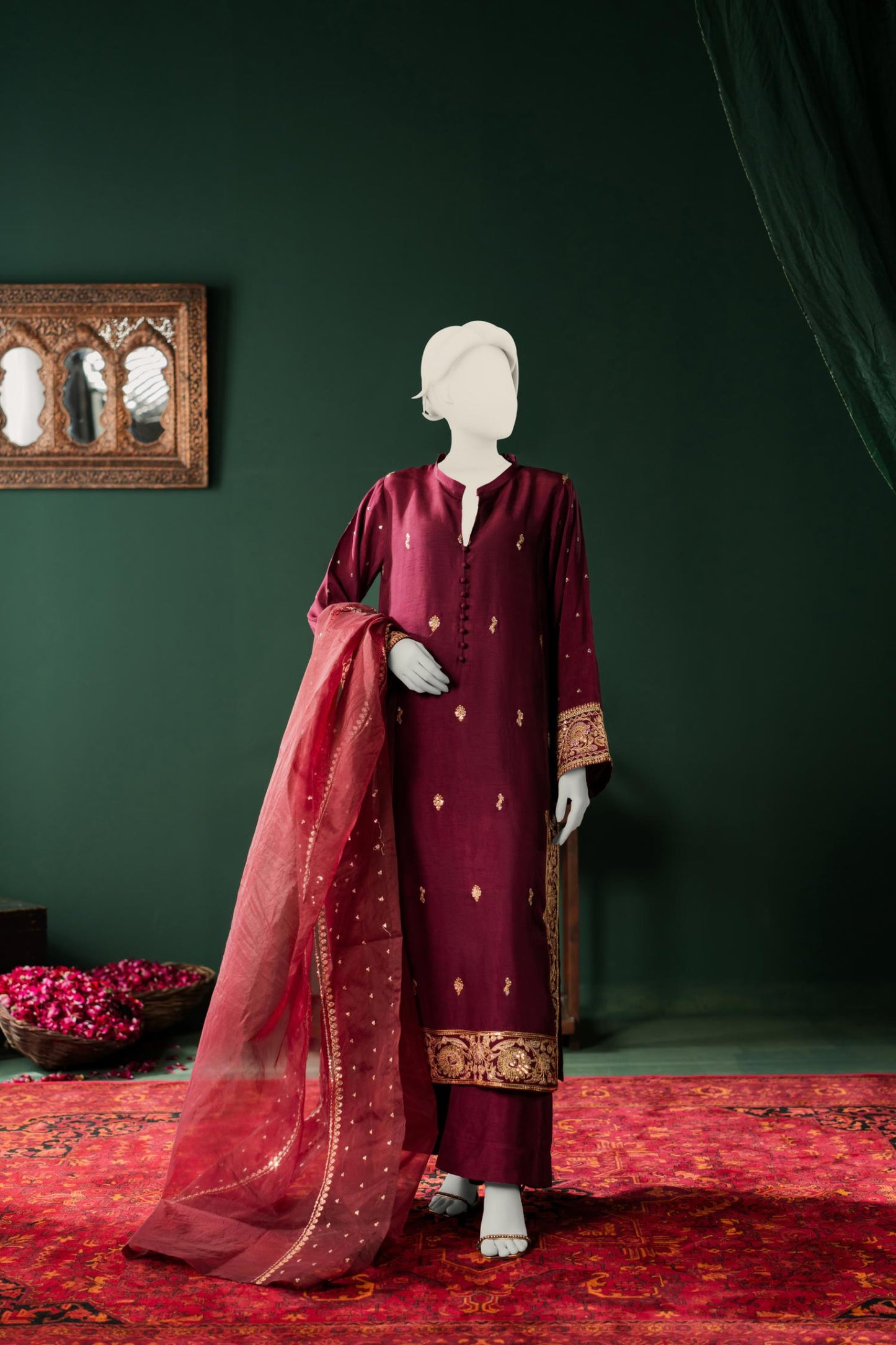 Raw Silk 3pc - Burgundy