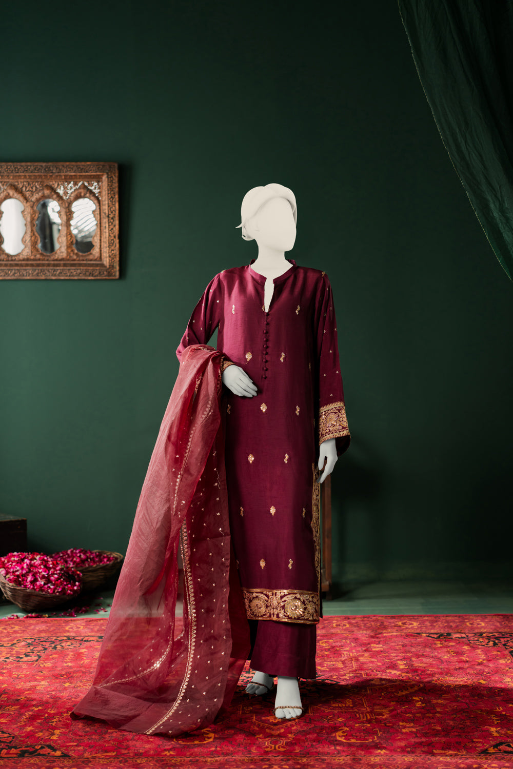 Raw Silk 3pc - Burgundy