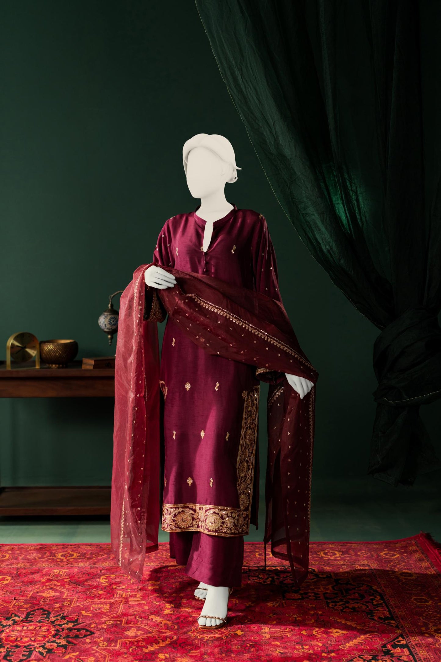 Raw Silk 3pc - Burgundy